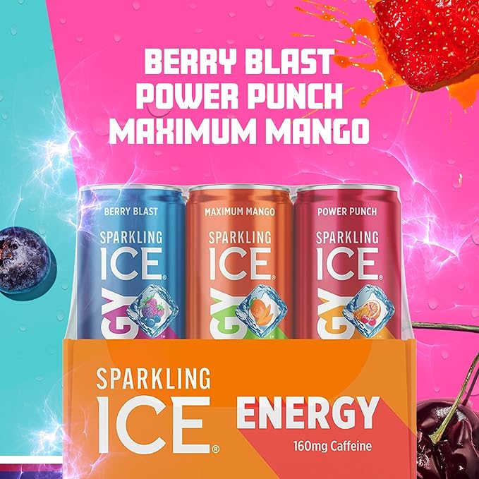 Sparkling Ice Energy Variety 12Pk. Energy Drinks with Vitamins + Antioxidants Zero Sugar Berry Blast Maximum Mango Power Punch flavors. 12 fl oz cans.