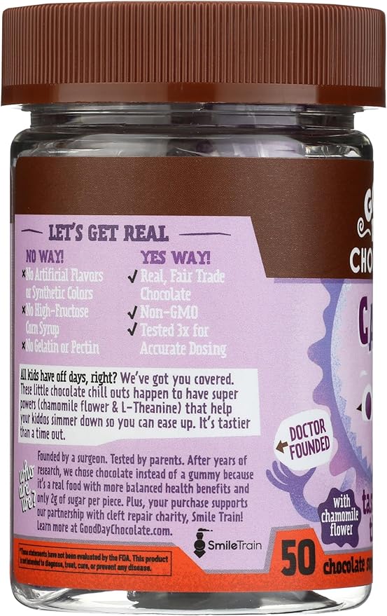 Good Day Chocolate Natural Calming Supplement for Kids Blend of Camomile L-Theanine Fair Trade and Non-GMO Chocolate 50 Pieces