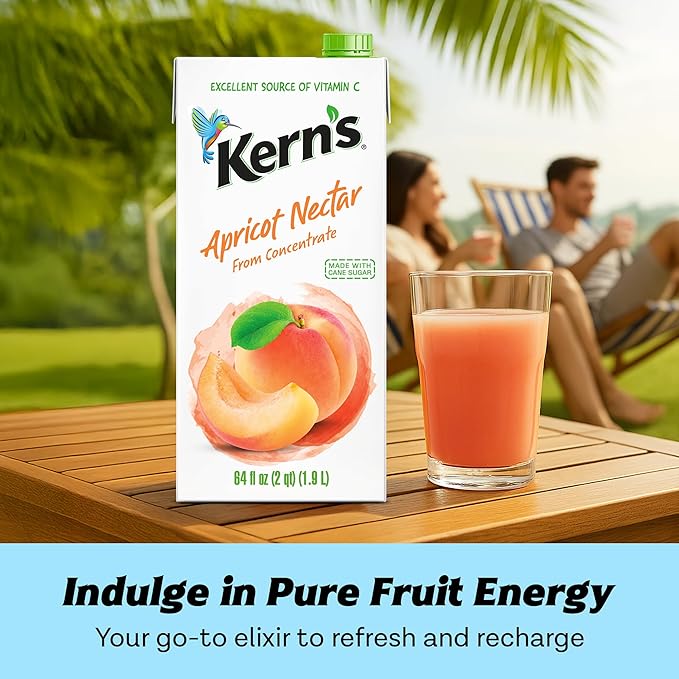 Kern’s Apricot Nectar Juice - Made with Fresh Fruit Puree &amp Apricot Juice Concentrate for Smoothie Mix Cocktail Mixers Kids Drink &amp Beverages - 64oz 8 Pack Carton