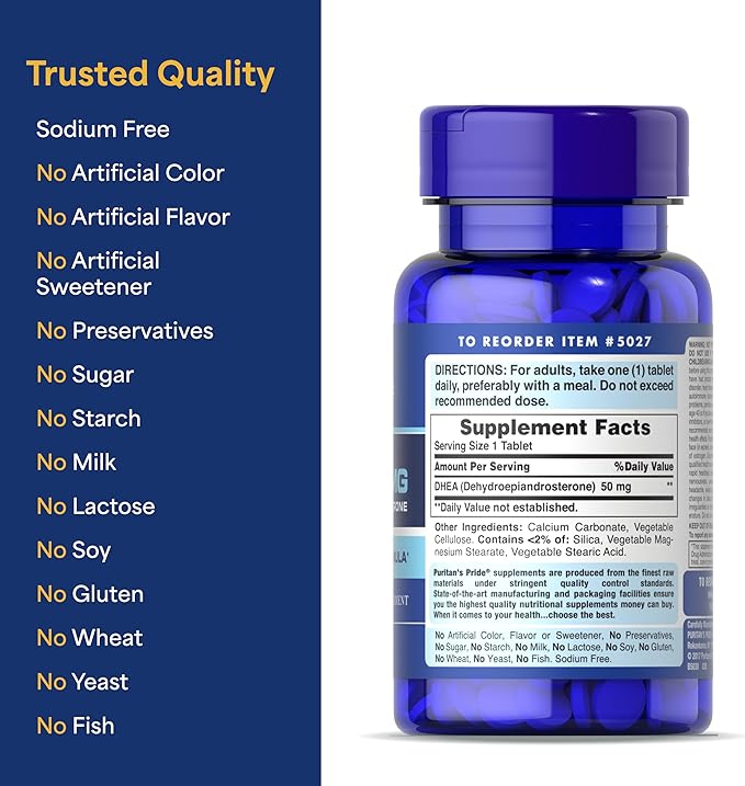 Puritan's Pride Youth Guard DHEA for Women and Men 50mg Dietary Supplement for Healthy Aging 3 Month Supply 100 Tablets 2 Pack