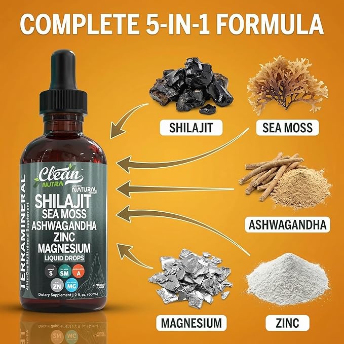 Clean Nutraceuticals Shilajit Liquid Drops with Sea Moss Ashwagandha Zinc Magnesium Liquid Vitamins for Women and Men - Terra Mineral