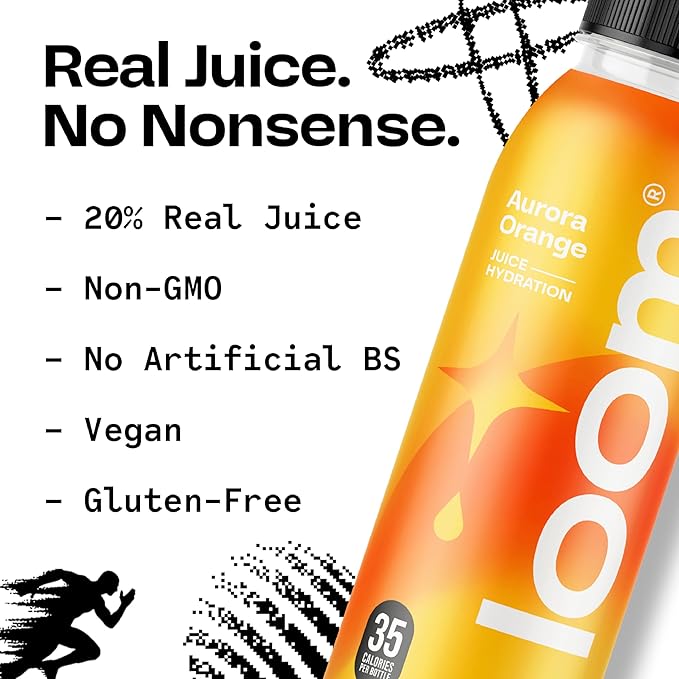 Aurora Orange Juice Drinks by Loom Low Sugar Juice Real Fruit No Added Sugar Healthy Hydration 30 Calories Non-GMO 12 oz bottles 12 pack