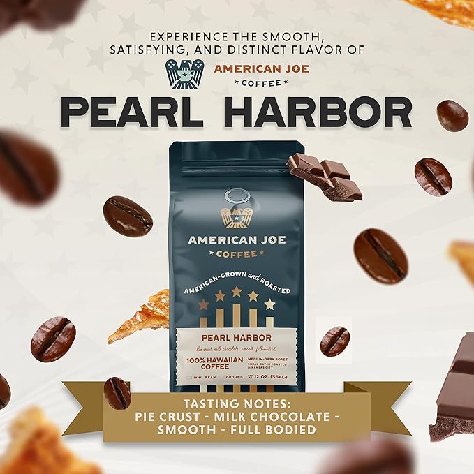 American Joe Coffee Pearl Harbor 100% US Grown Specialty Coffee Roasted in Kansas City Medium-Dark | Whole Bean 12oz Gourmet Artesian Grade American Grown American Made Hawaiian Coffee