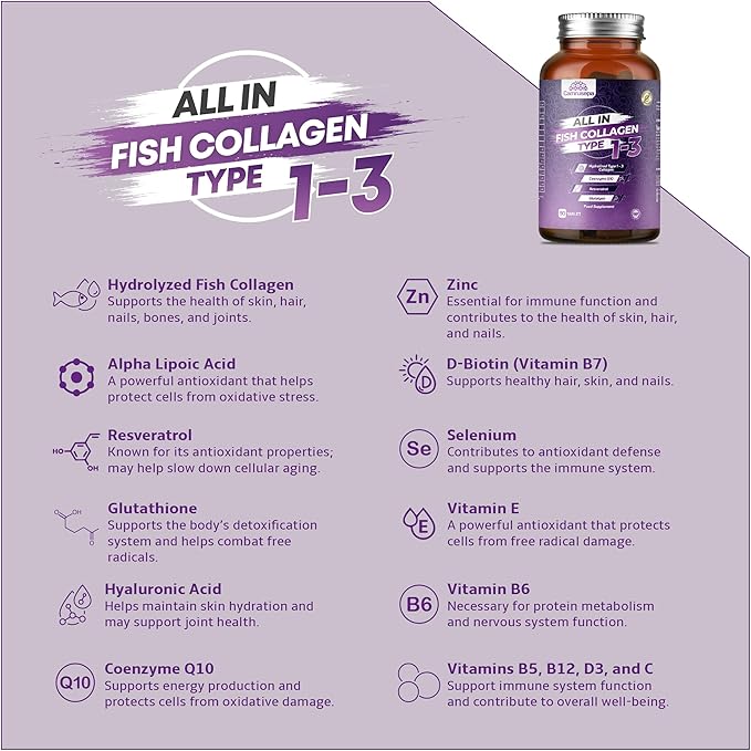 All in Fish Collagen Type 1-3 – Marine Collagen Tablets with Hyaluronic Acid Resveratrol Glutathione Selenium Zinc &amp Vitamins – Hair Skin Joint &amp Nail Support – 90 Tablets
