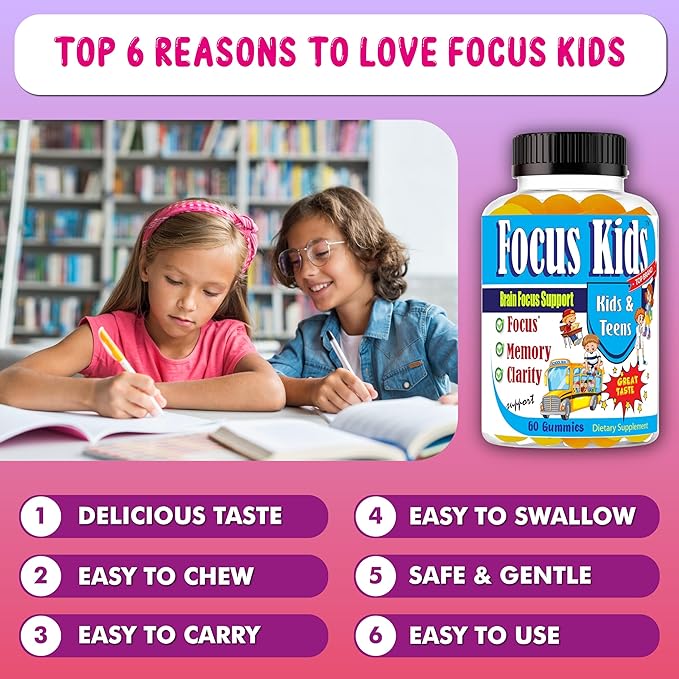Focus Kids Gummies for Kids and Teens Attention Memory &amp Concentration Focus Supplement for School &amp Study Brain Vitamins for Children DHA &amp Omega 3-6-9 – 60ct