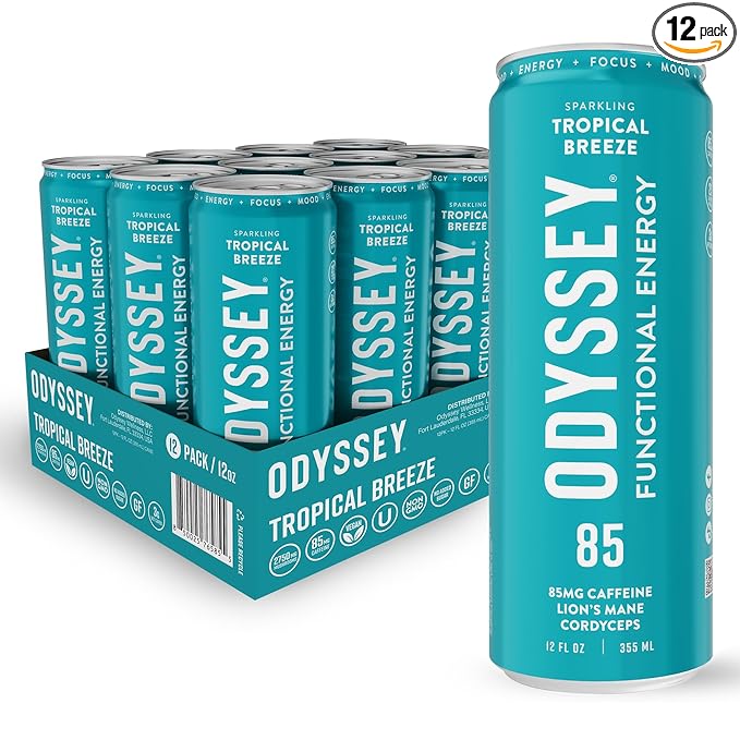 Odyssey Functional Energy Drink for Focus Cognition &amp Mood Support 12 Pack - Adaptogenic Drink with 85mg Green Tea Caffeine Lion’s Mane Cordyceps L-Theanine &amp Ginseng Sparkling Tropical