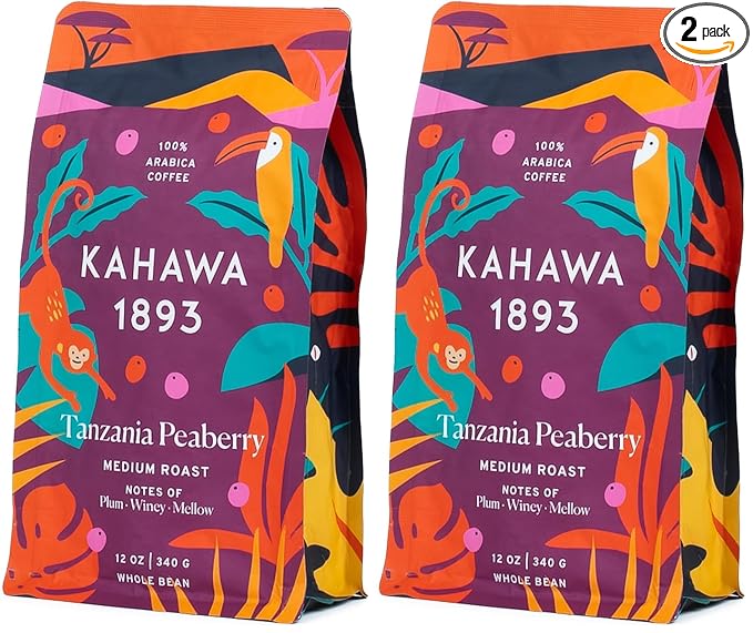Kahawa 1893 Whole Bean Coffee Medium-Roast Tanzania Peaberry Blend 24 Oz - As Seen on Shark Tank High Antioxidants Naturally Sweet Organically Grown Ethically &amp Sustainably Sourced (Pack of 2)