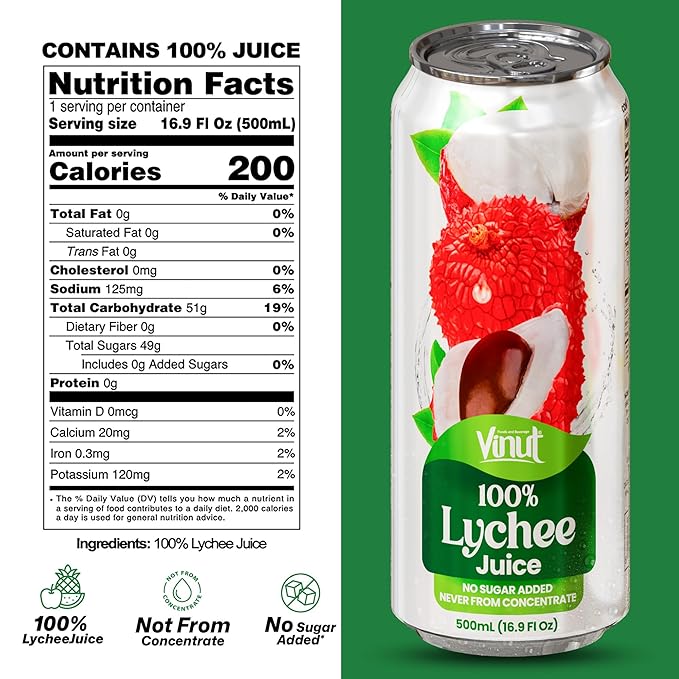 VINUT 100% Lychee Juice No Added Sugar Not From Concentrate 16.9 fl oz (500 mL) Can Pack of 6