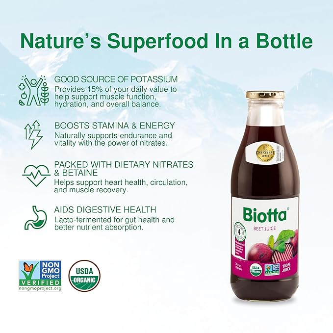 Biotta Organic Beet Juice - 100% Natural Beetroot Superfood - Helps Support Blood Pressure Brain Stamina &amp Energy - Natural Nitric Oxide &amp Potassium Booster - Gluten Free (32 Fl Oz Pk of 4)