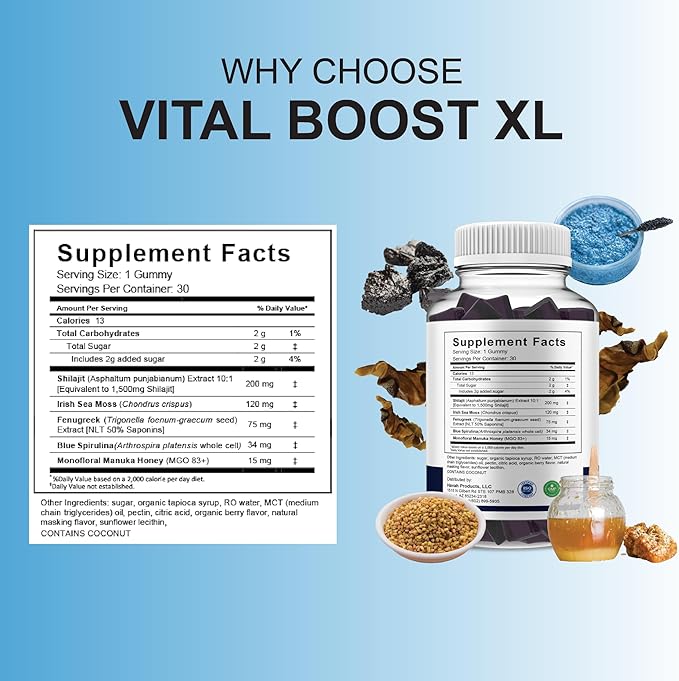 BLUE VIBE Vital Boost XL Gummies VitalBoostXL Daily Shilajit and Manuka Honey Performance Supplement Vital Boost XL Advanced Overall Health and Performance Supplement (2 Pack - 60 Gummies)