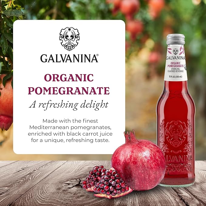 Galvanina Pomegranate – Premium Organic Italian Sparkling Soda 12 fl oz (12 Glass Bottles) | Made with Organic Mediterranean Pomegranates Naturally Refreshing Italian Soft Drink.