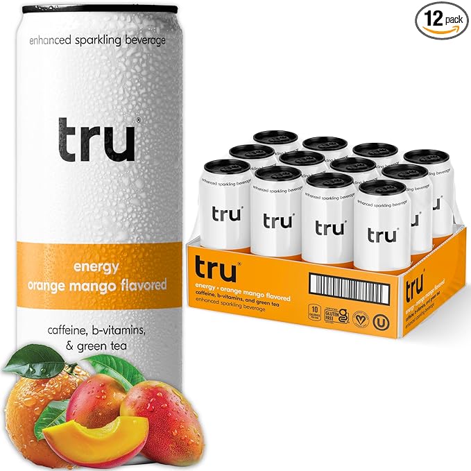 Tru Energy Seltzer Sparkling Water with Natural Caffeine Orange Mango Juice Green Tea Extract &amp B Vitamins Lightly Carbonated Energy Drink Gluten Free Vegan Low Calorie 12 FL OZ Cans 12 P