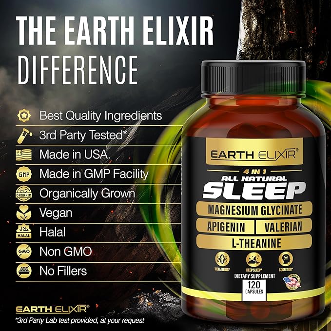 Earth Elixir 4-in-1 Sleep Aid (120 Caps) w/Apigenin 50mg Magnesium Glycinate 200mg L Theanine 200mg &amp Valerian Root for Sleep Aid 300mg | Apigenin Supplement for Sleep | Sleeping Pills