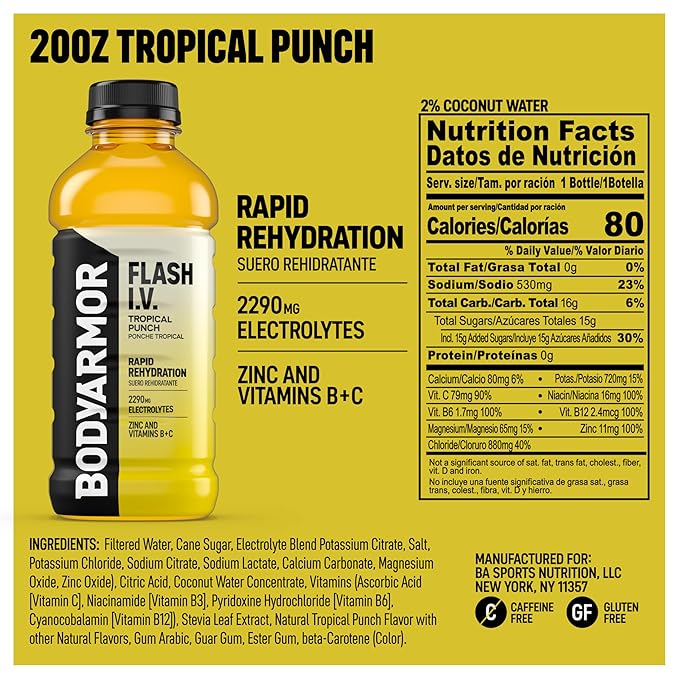 BODYARMOR Flash I.V. Electrolyte Beverage Tropical Punch Hydration Drink with Coconut Water For Rapid Rehydration Post Workout Recovery 20 Fl Oz (Pack of 12)