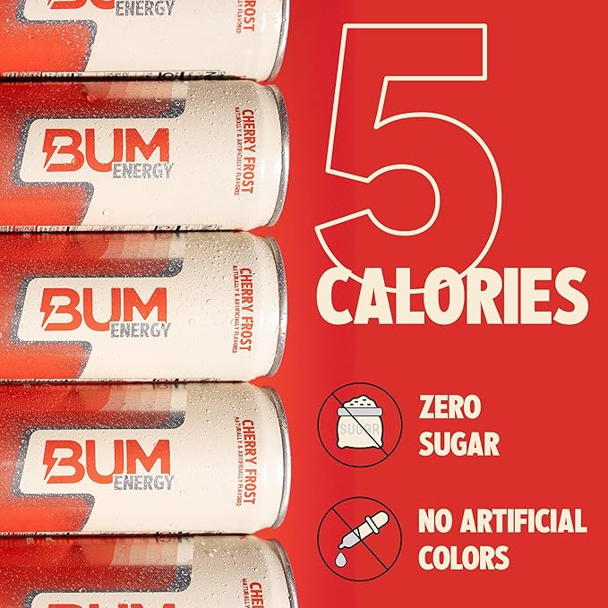 BUM Sugar-Free Energy Drink Cherry Frost - Lightly Carbonated &amp No Artificial Colors Natural Caffeine &amp Citicoline for Energy &amp Focus Brain Boost &amp Workout Sports Beverage - 12 oz
