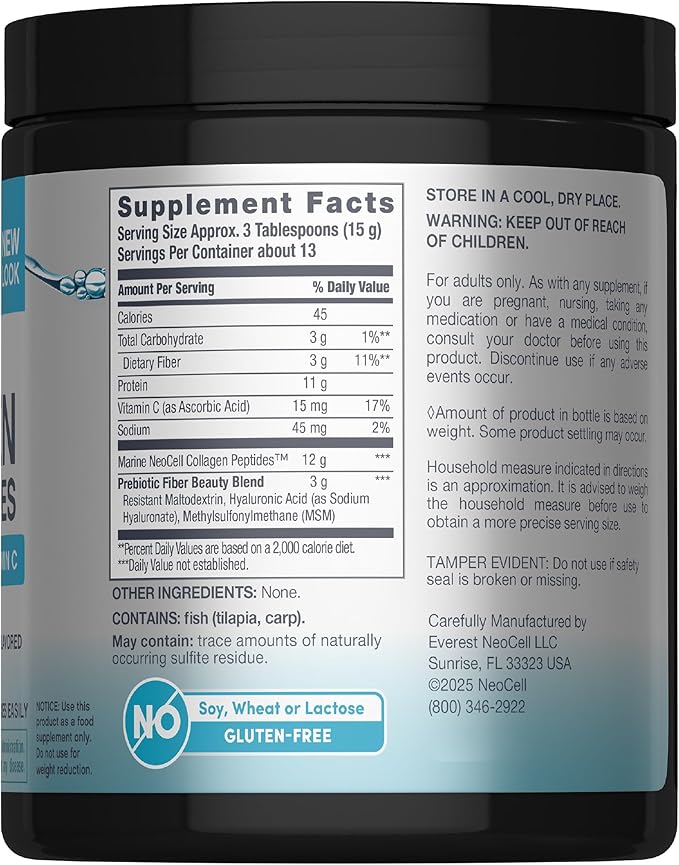 NeoCell Marine Collagen Peptides Powder | 7 oz | Unflavored Supplement | with Vitamin C and MSM | Plus Hyaluronic Acid | Prebiotic Fiber Beauty Blend | Hair Skin &amp Nails | for Women and Men