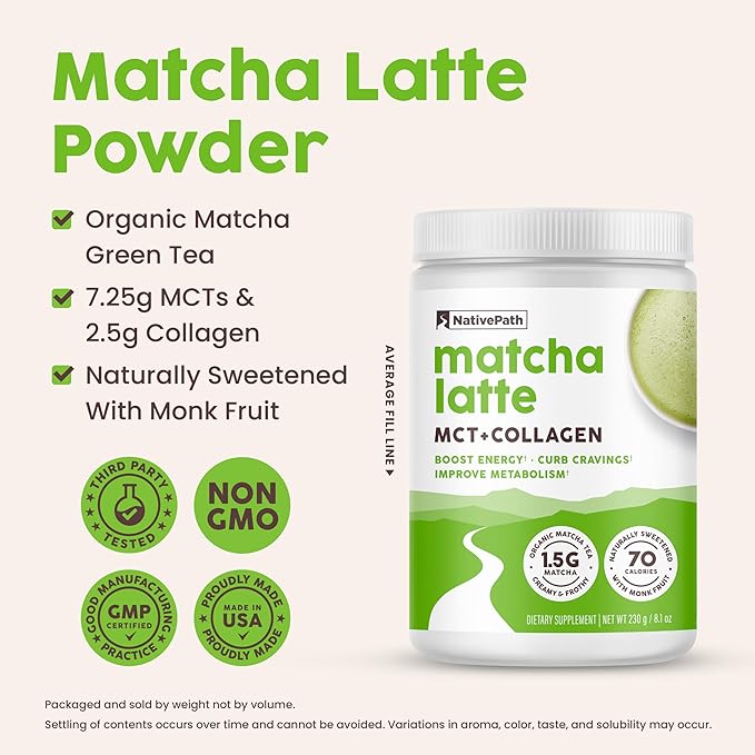 NativePath Matcha Latte Collagen Peptides with MCT Oil - 10g Grass-Fed Collagen &amp Organic Matcha for Energy &amp Focus - Keto No Gluten or Dairy (8.1 oz)