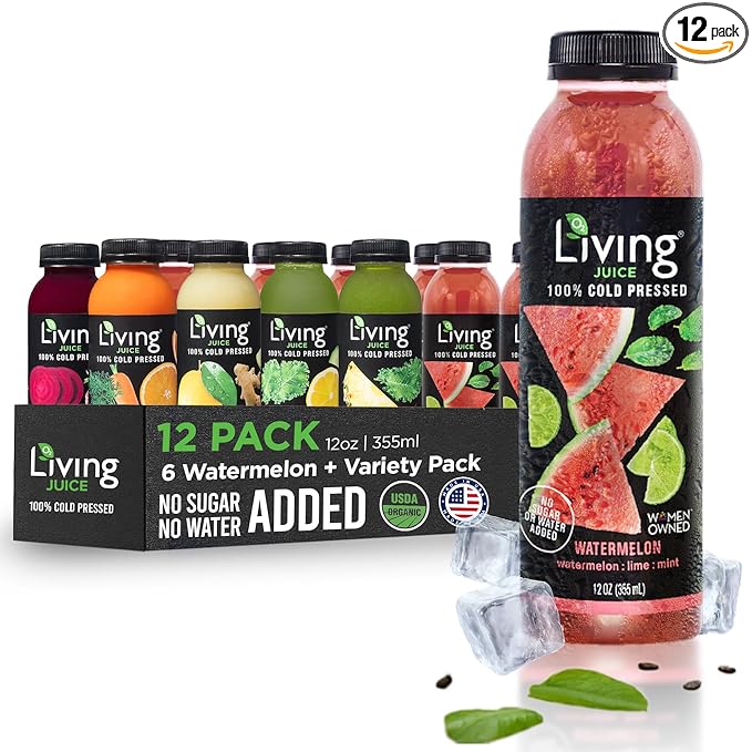 O2 Living Organic Cold-Pressed Juice Drink - 12oz 12 Pack (6 Watermelon + 6 Variety) - No Added Sugars or Water Naturally Sweetened from Fruits Packed with Nutrients &amp Vitamins Refreshing Non