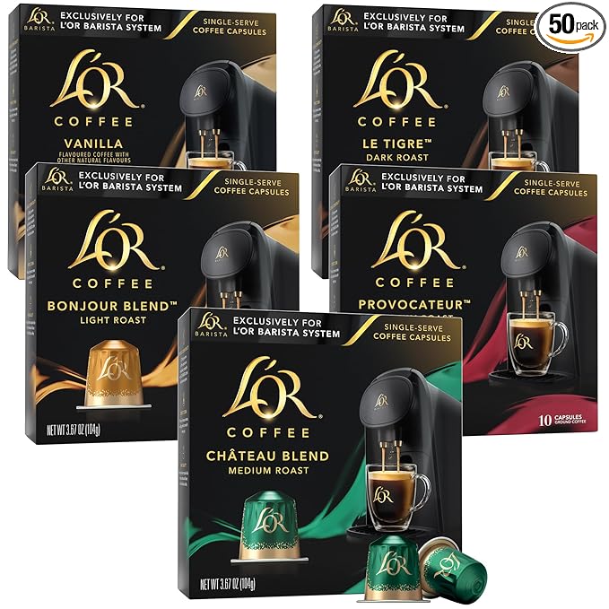 L'OR Coffee Pods 50 Capsules Variety Pack Single Cup Aluminum Coffee Capsules Exclusively Compatible with the L'OR BARISTA System
