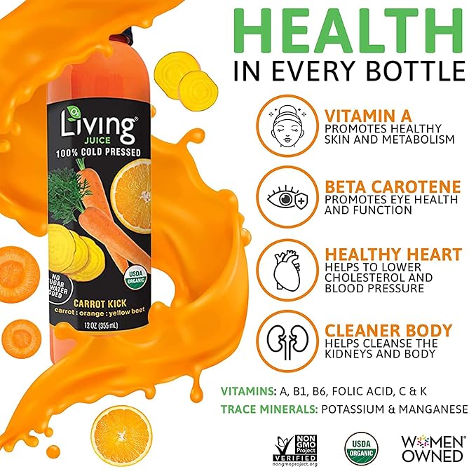 O2 Living Juice Cold Pressed Drink - Carrot Kick Organic Juice Pack - No Added Sugars or Water Naturally Sweetened from Fruits Rich in Nutrients &amp Vitamins - Refreshing &amp Non-GMO - 12 fl oz