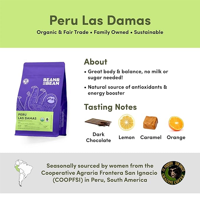 Bean &amp Bean Peru Las Damas Single Origin Coffee – Peruvian Organic Ground Coffee – Velvety Caramel Coffee – Sweet Smooth and Complex Coffee – Fair Trade Coffee - Ground Medium Roast 11oz