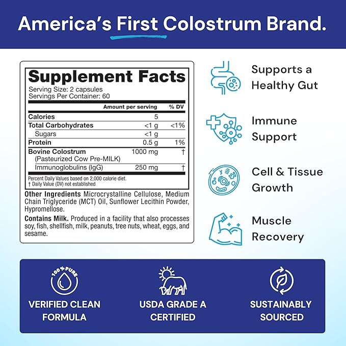Symbiotics Colostrum Vegetable Capsules 120 Count - Immune &amp Gut Support with Lactoferrin and Naturally Occurring IgG - Gluten Free rBST-Free - 120