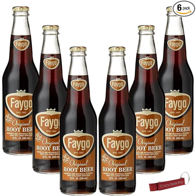 Faygo Root Beer | Delicious Root Beer with Real Cane Sugar | 12 oz Glass Bottles with Crazy Soda Pop Bottle Opener (6 Pack)