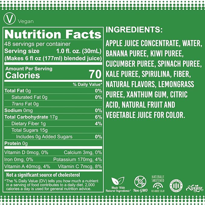 Fruniti Super Greens Smoothie Mix - Cleanse + Detox - No Sugar Added - Fruit + Veggie Puree - Spirulina Spinach Kale Cucumber Lemongrass Apple Banana Kiwi - Makes 24 Smoothies