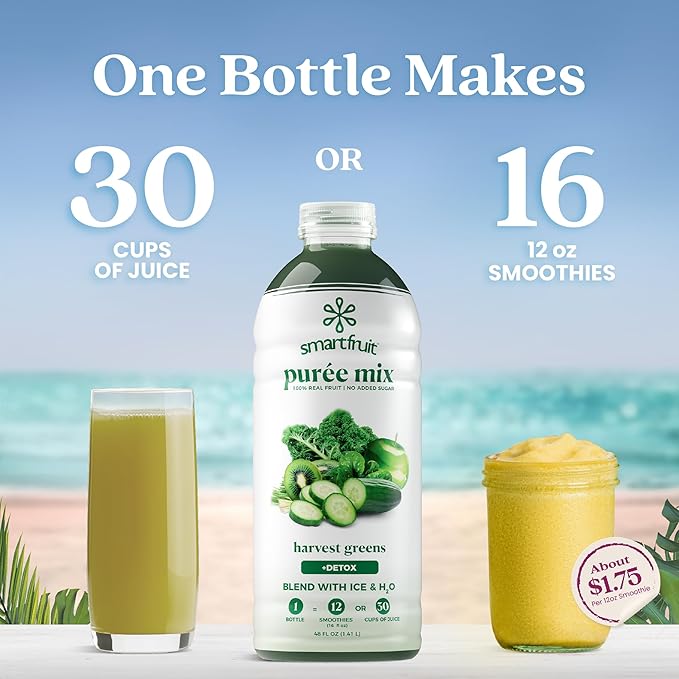 Smartfruit Harvest Greens + Detox – 100% Real Fruit Purée with Kiwi Cucumber Kale Spinach Lemongrass Apple Banana – Great for Smoothies Juice Yogurt Cocktails Teas &amp More – 48oz