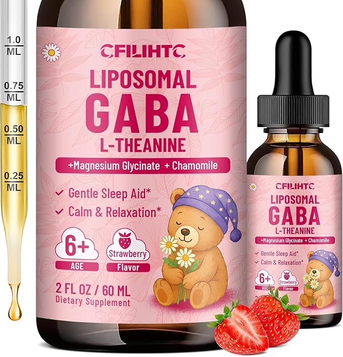 Liposomal GABA L-Theanine Drops for Kids - Liquid GABA Supplement with Magnesium Chamomile Lemon Balm &amp Vitamin B6 - Support Relaxation Focus &amp Stress Relief for Kids &amp Adults - Strawbe