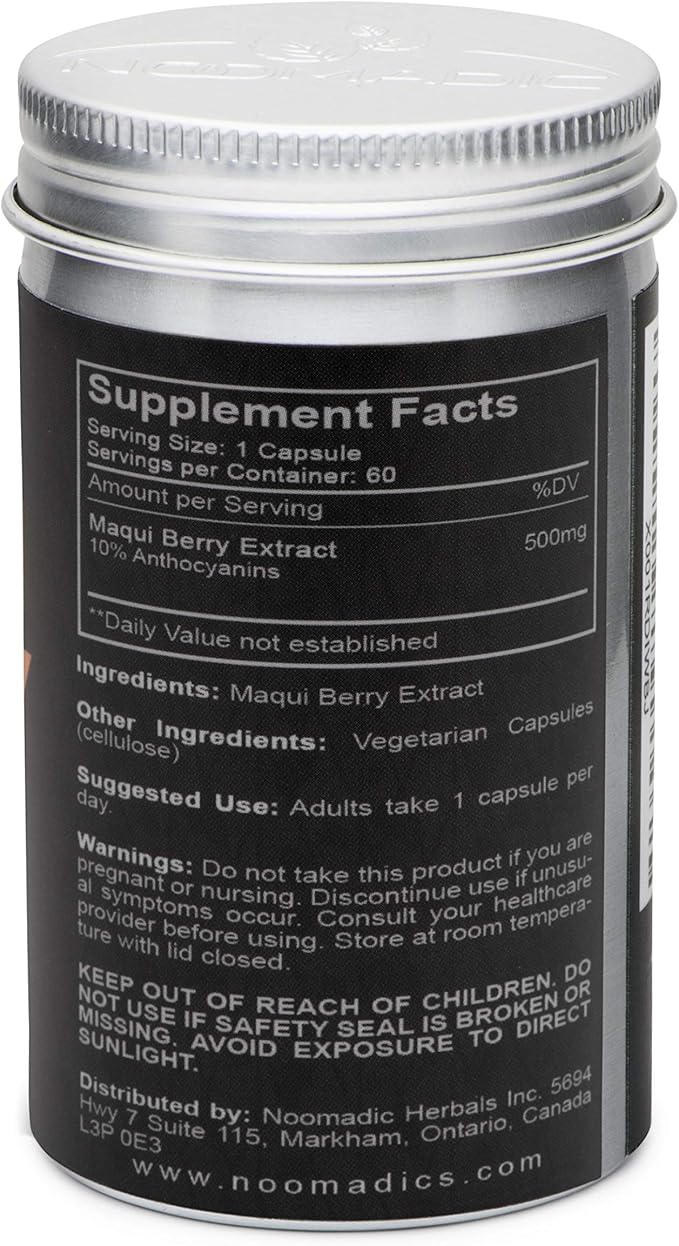 Noomadic Maqui Berry 60 Capsules | 500mg Each Antioxidant (High ORAC) Immune System Support Supports Dry Eyes (Supports Tear Production) Standardized Extract (10% Anthocyanins)