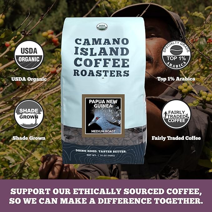 Camano Island Coffee Roasters Papua New Guinea Whole Bean 2lb Fresh Medium Roast USDA Organic Fairly Traded Shade Grown Top 1% Arabica Delicious Cocoa Dried Fruit Brown Sugar Flavor Profile