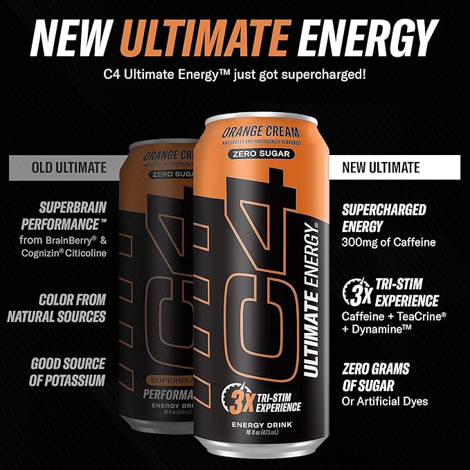 C4 Ultimate Sugar Free Energy Drink 16oz (Pack of 12) | Orange Cream | Pre Workout Performance Drink with No Artificial Colors or Dyes