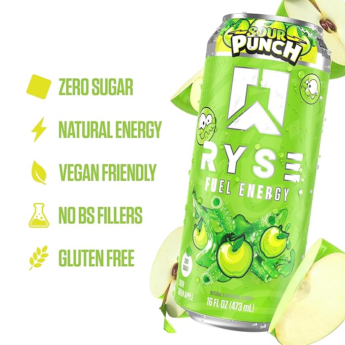 RYSE Fuel Energy Drink - Sour Punch Green Apple - Sugar Free Gluten Free &amp Vegan - 200mg Natural Caffeine Taurine &amp Choline for Focus &amp Energy - No Artificial Colors - 16 fl oz Cans (12-