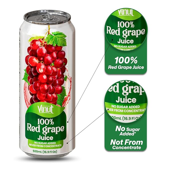 VINUT 100% Red Grape Juice No Added Sugar Not From Concentrate 16.9 fl oz (500 mL) Can Pack of 12
