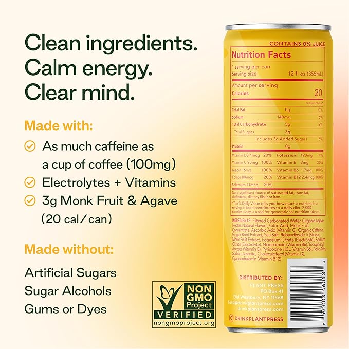 Plant Press - Organic Energy Drink 100 mg Caffeine Clean Coffee Alternative Full Range of Vitamins Electrolytes No Sugar Alcohols No Preservatives - Grapefruit Ginger (12 Fl Oz 12 Pk)