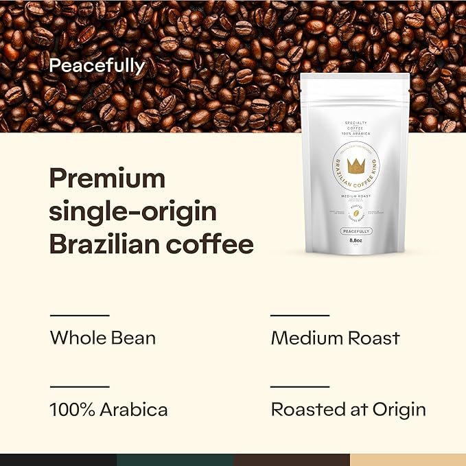 4-Pack Specialty Whole Bean Coffee Peacefully – Arabica Roasted on the Farm – Freshness and Authentic Flavor Notes of Chocolate Vanilla and Nuts – Carefully Harvested – Brazilian Coffee King