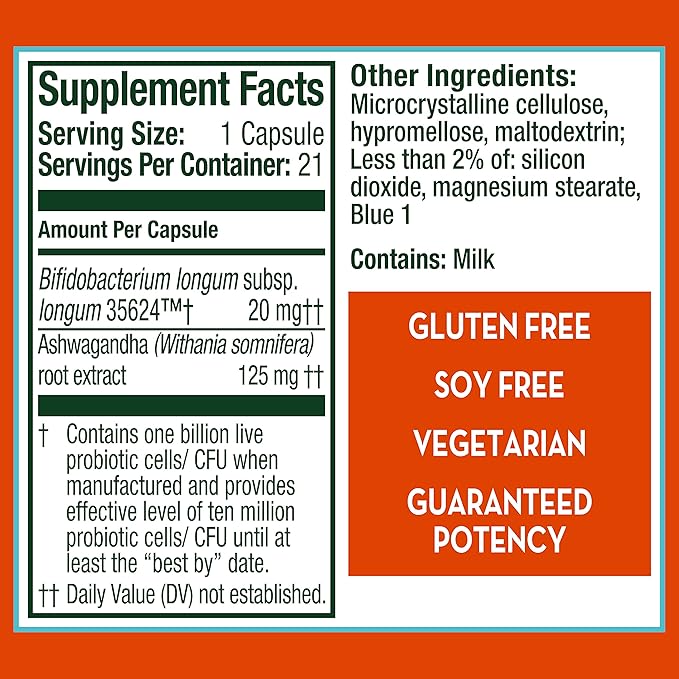 Align Probiotic Gut Health + Stress Support with Probiotics for Digestive Health and Ashwagandha to Help Calm Mind and Body* #1 Doctor Recommended Brand‡ 21 Capsules (Pack of 2)