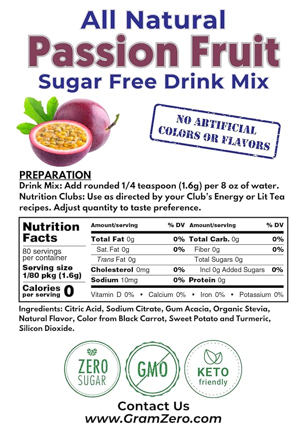 GramZero All Natural Passion Fruit Zero Calorie Sugar Free Drink Mix Great For Nutrition Club Loaded Tea Stevia Sweetened