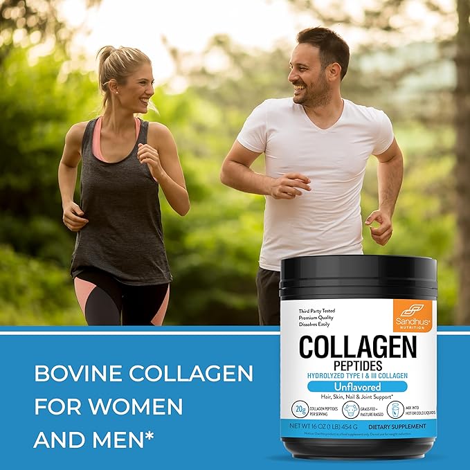 Sandhu's Grass-Fed Hydrolyzed Bovine Collagen Peptides Powder Unflavored | Supports Youthful Skin Hair Nails Mobility &amp Flexibility | for Men &amp Women | 1 lb 22 Servings