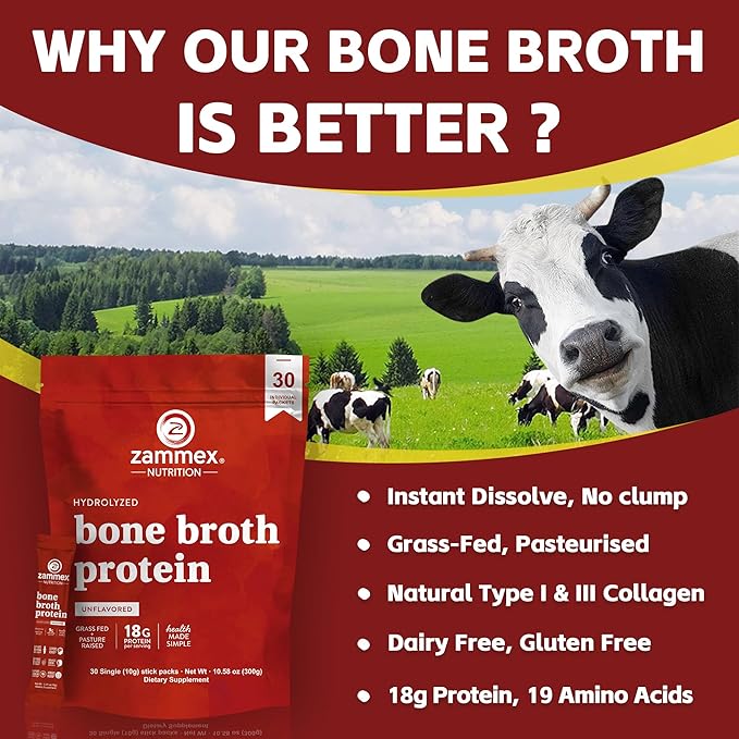 Zammex Bone Broth Packets-18g Collagen Protein-Beef Bone Broth Powder to Go-30 Travel Stick Packets-Supports Skin Nails Joints Gut Health | Gluten-Free |Keto &amp Paleo Friendly (15 Servings)