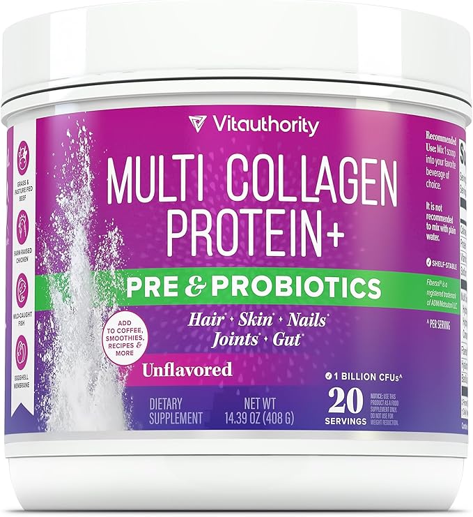 Multi Collagen Probiotics for Women Prebiotics Protein Powder | 20g Collagen Peptides Hyaluronic Acid Vitamin C &amp Fibersol Prebiotic Support Skin Elasticity Digestion Gut Health Unflavored 20 Serv