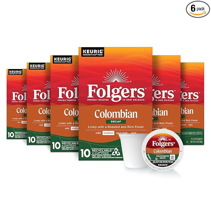 Folgers Colombian Decaf Coffee Medium Roast Keurig K-Cup pods 10 Count Box (Pack of 6)
