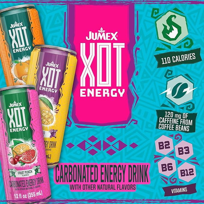 Jumex XOT Energy Drink - Tangerine - Natural Caffeine from Mexican Coffee Beans - Carbonated Preworkout with Vitamin B2 B3 B5 B12 - Mexican Drinks - Bebidas Energéticas - 12 Fl oz 12 Pack Cans