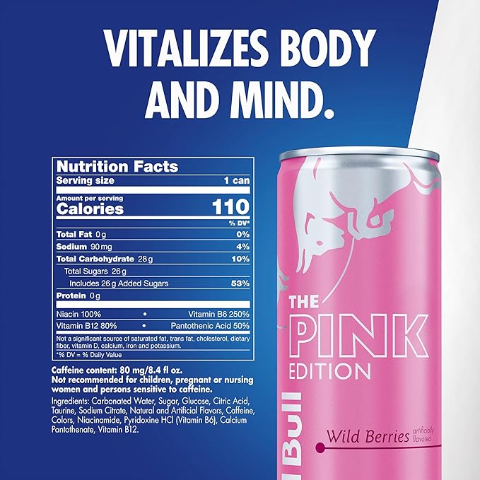 Red Bull Pink Edition Energy Drink Wild Berries Cans | 8.4 fl oz | Pack of 16 | 80mg Caffeine | Taurine &amp B Vitamins