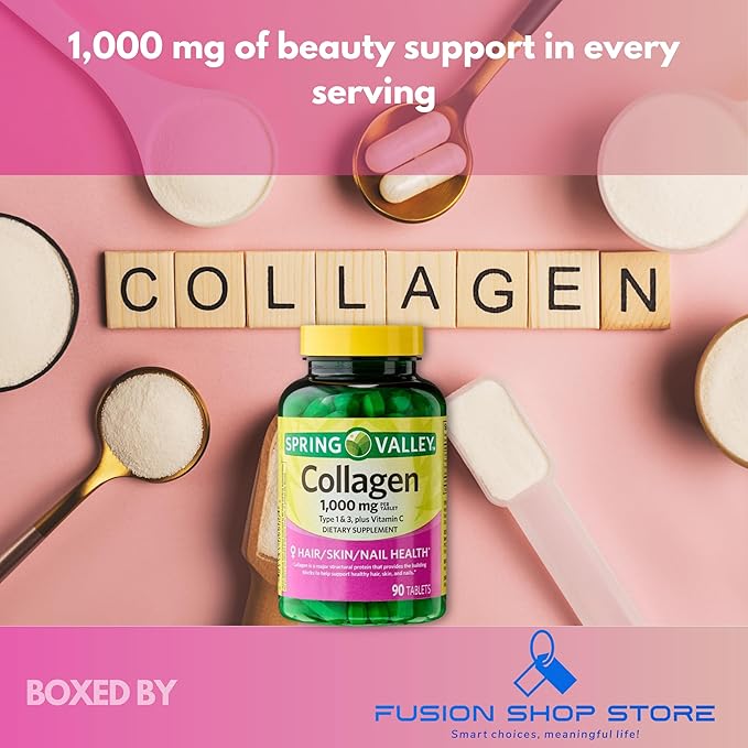Collagen Plus Vitamin C- Tablets 1000mg Hair Skin and Nails 90ct (Pack of 1) Boxed by Fusion Shop Store