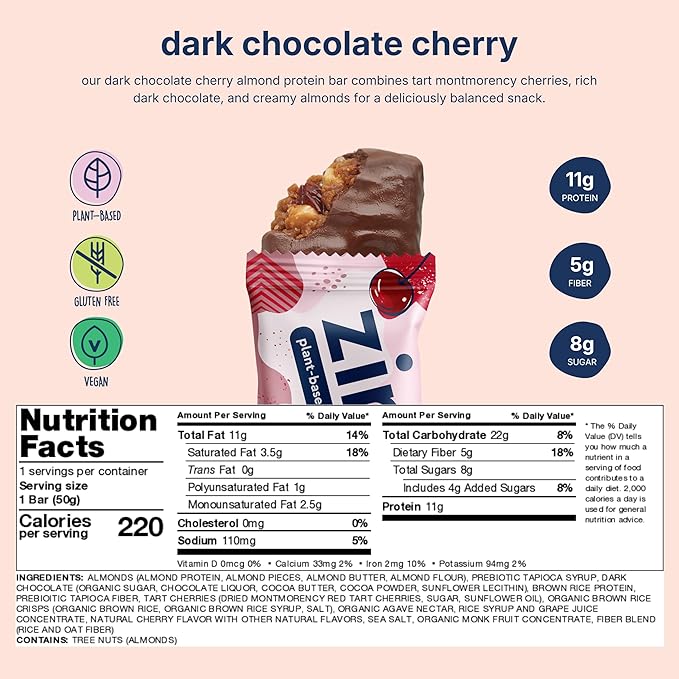 Zing Dark Chocolate Cherry Vegan Protein Bars Gluten Free with High Protein High Fiber Dairy Free Nutrition Bars Plant Based Protein Kosher Low Sugar No Sugar Alcohols - 12 count