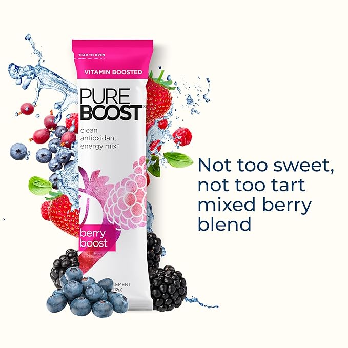 Pureboost Clean Energy Booster Refreshing Energy Drink Mix with B12 Vitamins Electrolytes Antioxidants Sugar-Free with No Sucralose (Berry Boost 30 Count)