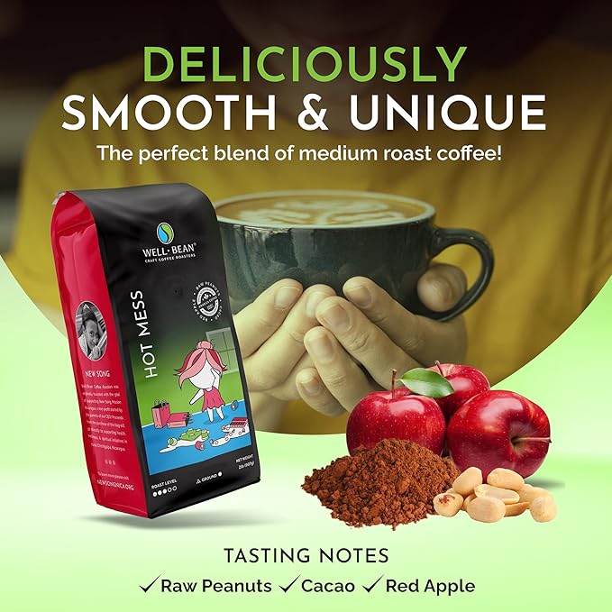 Well-Bean Coffee - Hot Mess Ground Coffee Nicaraguan Microlot Coffee Grounds Gluten-Free Keto Coffee Antioxidant Rich Coffee Ground Medium Roasted Coffee 2 lb