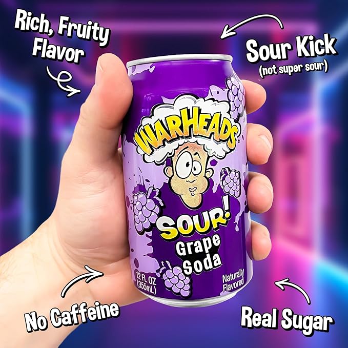 Sour Fruity Soda with Classic Warheads Flavors – Perfectly Balanced Sweet and Sour Soda - Warheads Candy Throwback Treat Soda Cocktail Mixer Pack of 12 12oz Cans (Grape)
